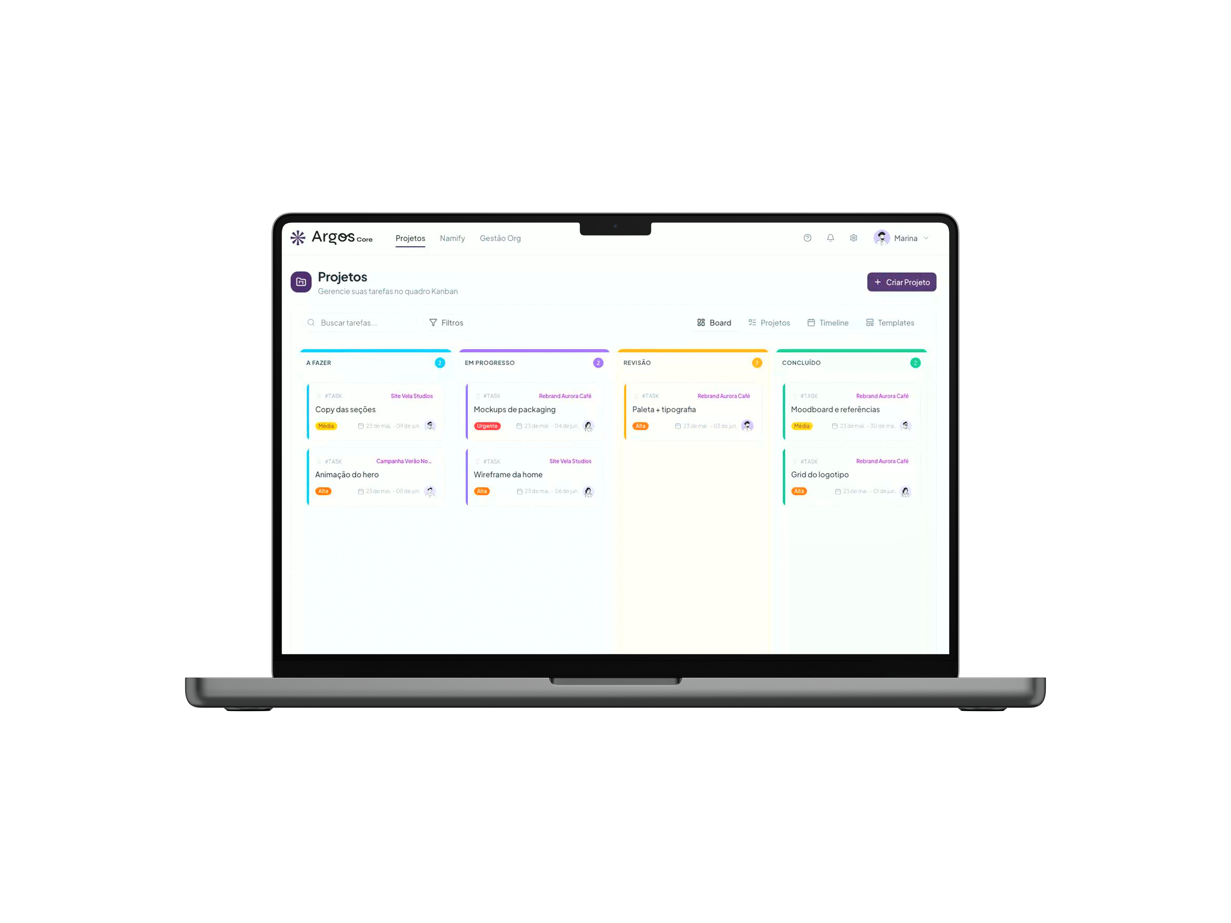 Dashboard do Argos Core — quadro Kanban de projetos do estúdio